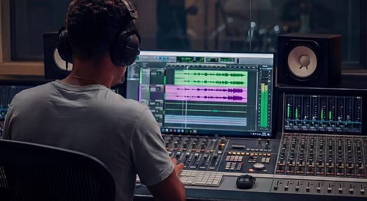 Engineer working at mixing console in ZM Audio Labs